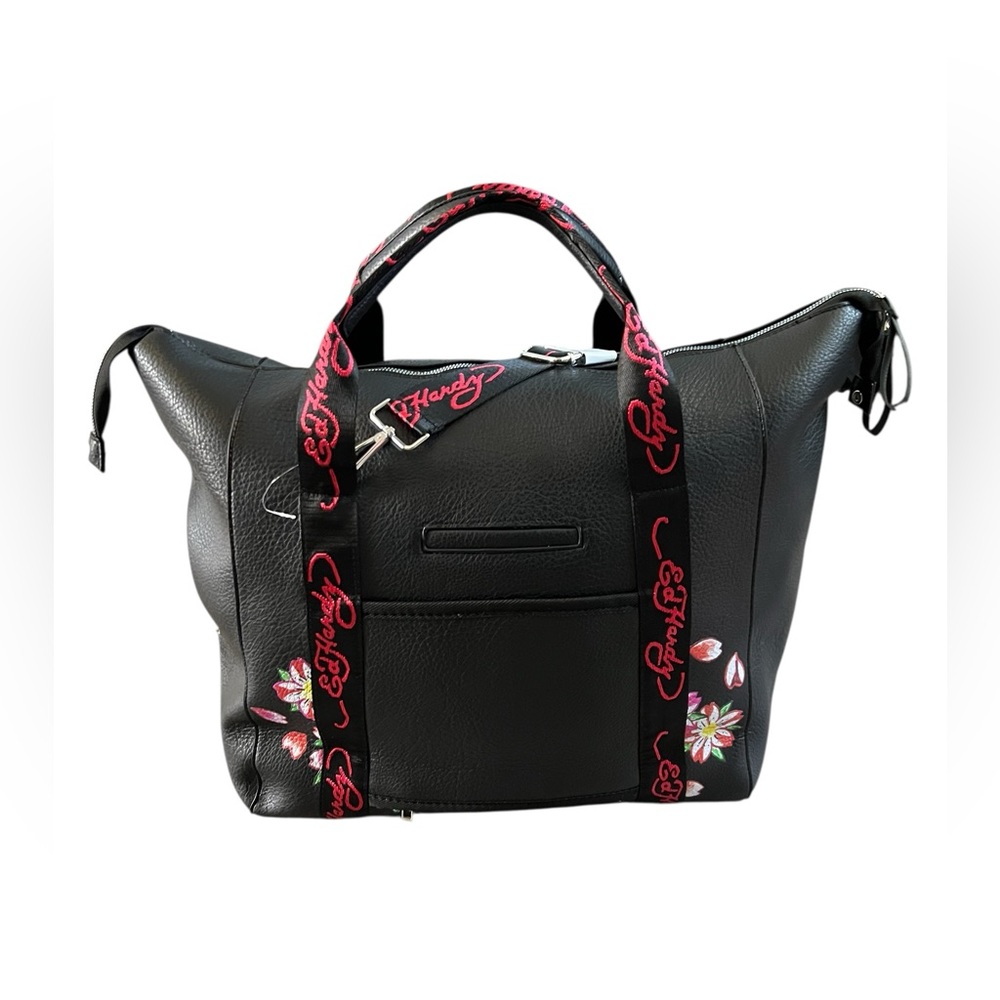 Ed Hardy Black Floral Skull Embroidery Tote Bag - Picture 7 of 11